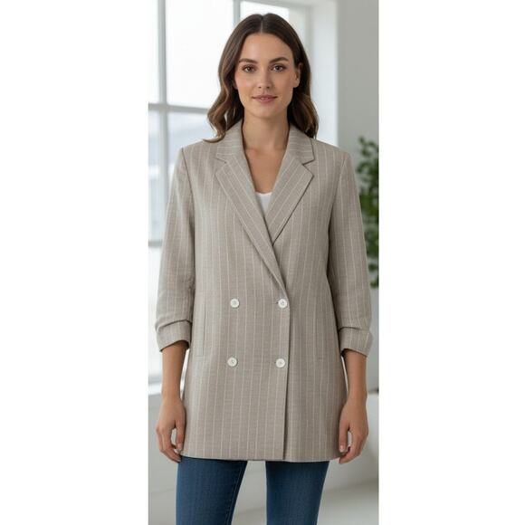 NWT Gibson Latimer Womens XL Coastal Preppy Classic Linen Double Breasted Blazer - Picture 2 of 13